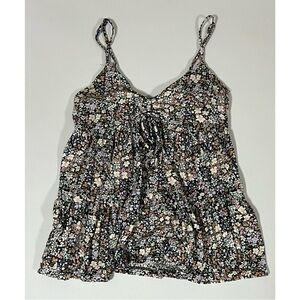 Black Ditzy Floral Ruched Tie Babydoll Tank Top Shirt Blouse Size XS 🪻✨ #floral
